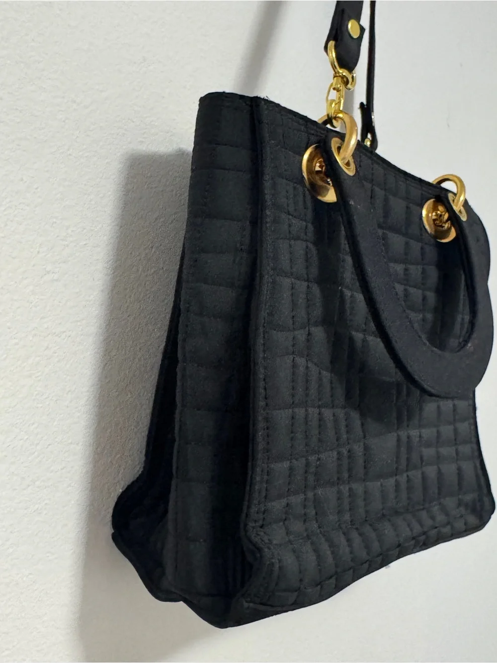Black Quilted Tote Bag Gold‎ Hardware Top Handle Crossbody Shoulder Purse